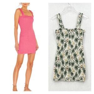 MIKOH Magnolia Mini Dress Womens Large Cream Green Smocked Shirred Palm Tree